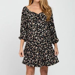 Pinkblush Black Floral Ribbed Ruched Bust Maternity Dress